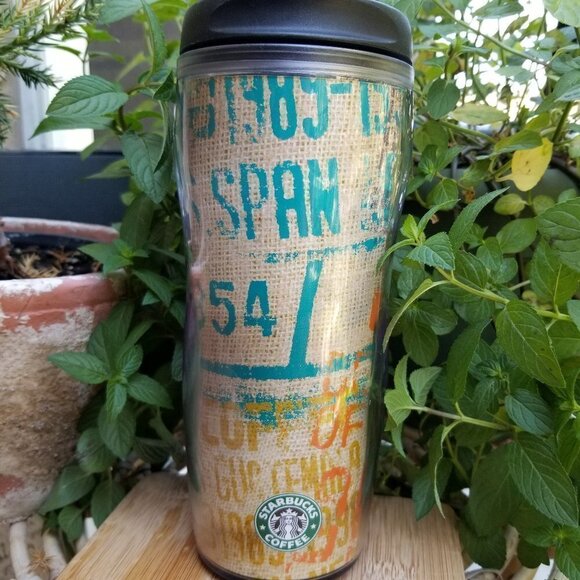 Starbucks Travel Mug 2006 Burlap Guatemala Coffee Bean Bag Cup Design 16 Oz - Picture 2 of 9